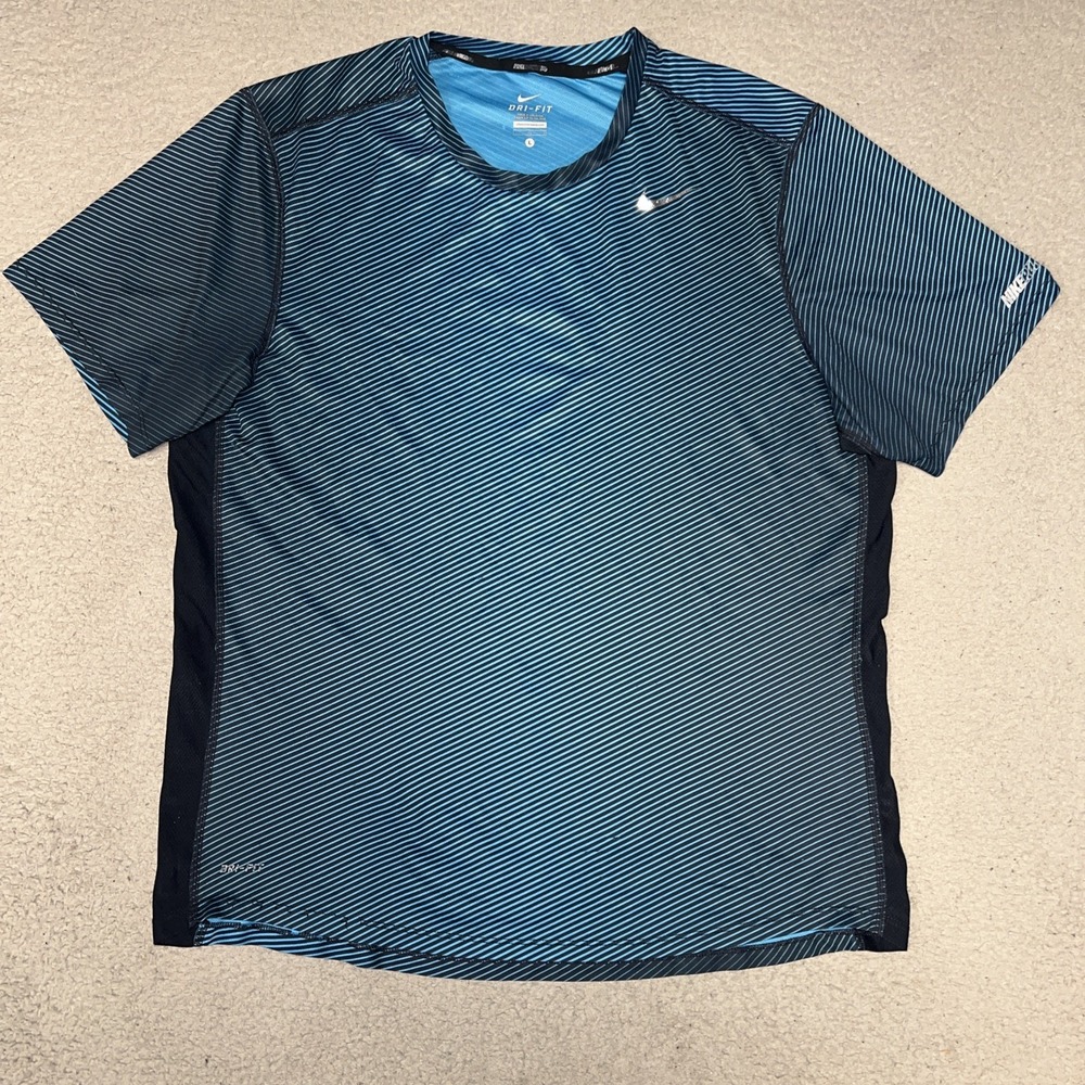 Nike Running T Shirt Men's Size L Blue Striped Dri-Fit Athletic Tee 505131-417